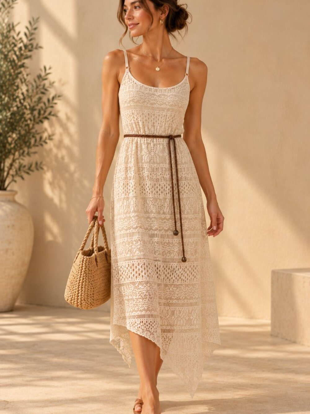 No Boundaries Ivory Lace Boho Asymmetrical Sleeveless Maxi Dress M